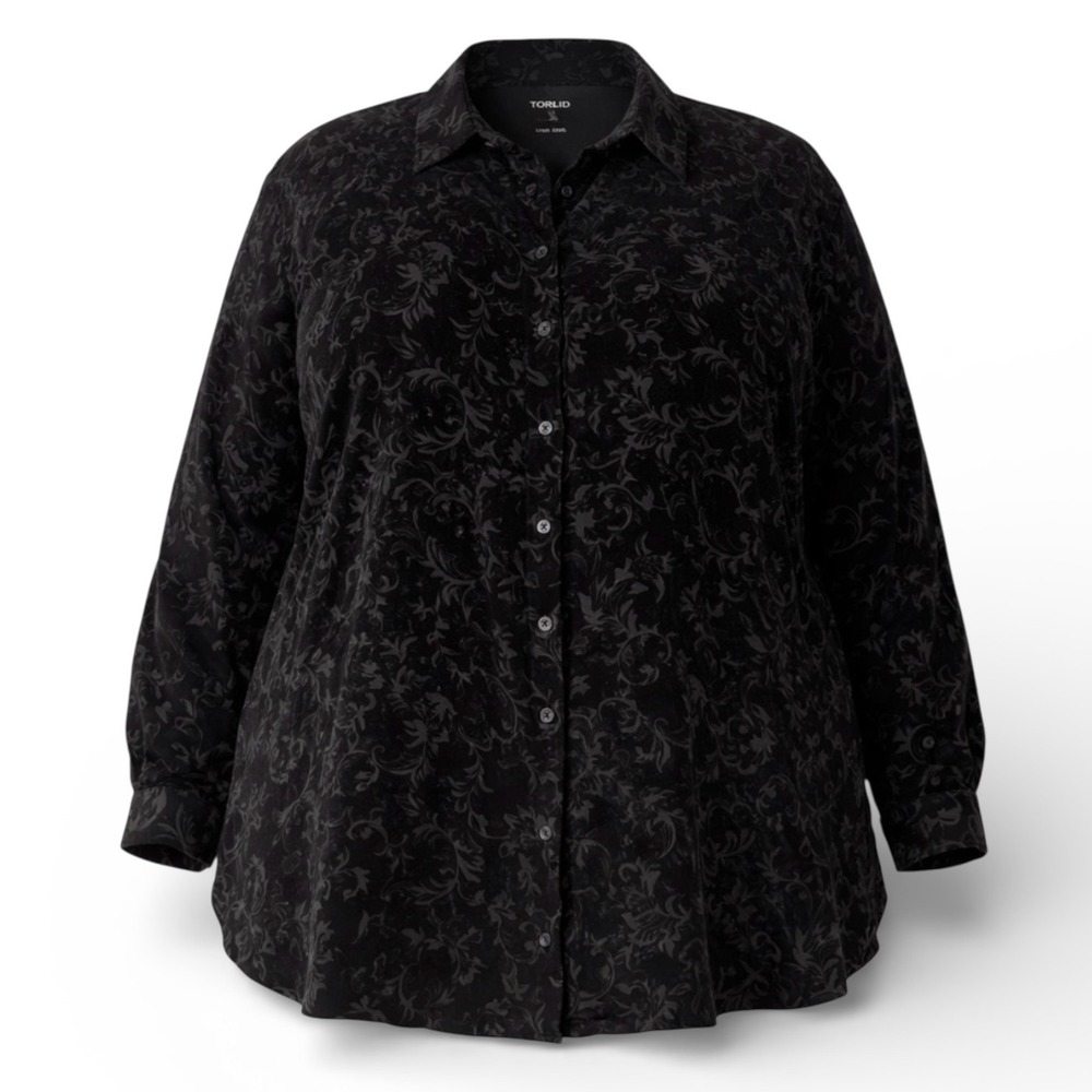 Torrid 5X Black Burnout Velvet Floral Button Front Blouse‎ Long Sleeve Plus Size